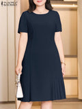 2025 ZANZEA Office Pleated Dresses Summer Women Short Sleeve Work OL Sundress Casual Solid Party Vestidos Knee-length Robe Femme