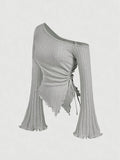 women's New off shoulder cross long sleeved slim fit casual street style asymmetrical elegant T-shirt trumpet sleeve top