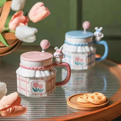 Wholesale 3D Rabbit Relief Mug With Spoon Cover Ceramics & Pottery Coffee Cup Sets Ceramic Cups Thermo Coffee Cup to Carry Mugs