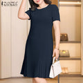 2025 ZANZEA Office Pleated Dresses Summer Women Short Sleeve Work OL Sundress Casual Solid Party Vestidos Knee-length Robe Femme