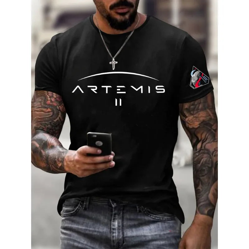 Hot Sale Men's Artemis II Print T-Shirts Summer Short Sleeve Casual Tops Round Neck Black Tees