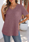 2025 Spring/Summer V-neck brushed texture ribbed solid color short-sleeved T-shirt for women