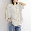 ZOKI Casual Cotton Linen Shirts Oversize Summer Lantern Half Sleeve Tops Summer Korean Loose Mom Button Up Blouse Dropshipping