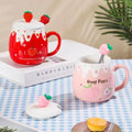 Cute Design With Lid Strawberry Mug Pink Color 450ML Capacity Coffee Mug Heart Art Easy To Clean Porcelain Mug Office Use