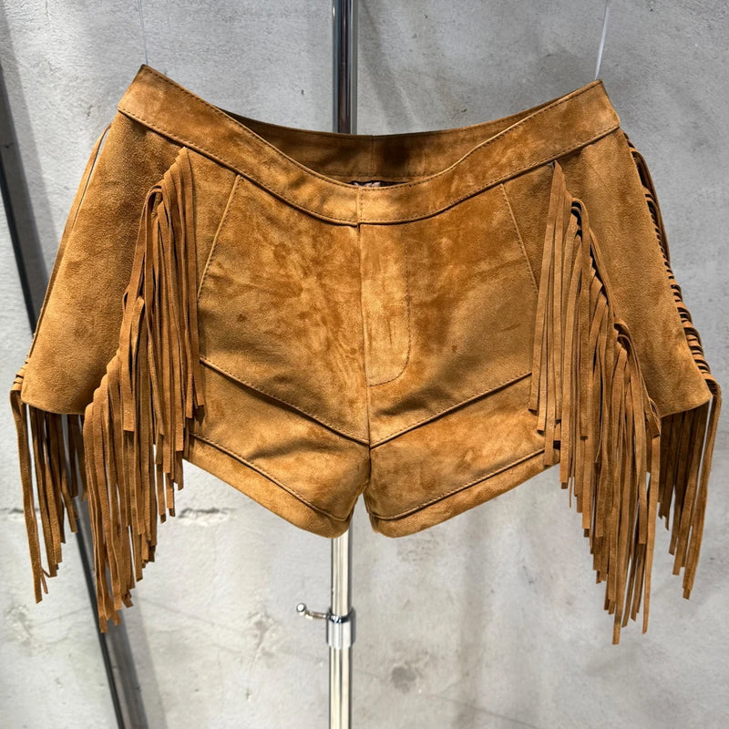 Mid Rise Street Style Shorts Summer Trendy Hot Suede Pants Women Real Suede Fringe Shorts