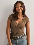 2025 Summer New Fashion Women's T-Shirt Solid-Color Slim-Fit V-Neck Short-Sleeve Top Y2k Clothing