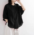 ZOKI Casual Cotton Linen Shirts Oversize Summer Lantern Half Sleeve Tops Summer Korean Loose Mom Button Up Blouse Dropshipping