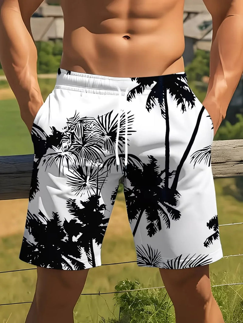Summer Coconut Tree Pattern Swim Trunks for Men Fashion Beach Vacation 3D Printed Hawaiian Short Pants Loose Breathable Shorts