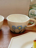 1pcs Irregular hand drawn underglaze color relief blue daisy pink bow ceramic mug water cup