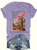 Women's Tee - "Bloom Where You Are Planted" Rose & Cactus Graphic, Western-Inspired Casual Design for Daily Outings