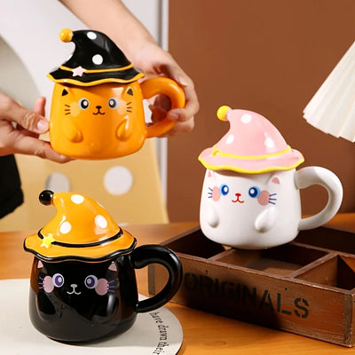 Cute Cat Halloween Ceramic Mug with Lid Spooky Scary Coffee Cup for Hot Tea Cocoa Home Kitchen Cup Festive Decoration Birthday