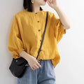 ZOKI Casual Cotton Linen Shirts Oversize Summer Lantern Half Sleeve Tops Summer Korean Loose Mom Button Up Blouse Dropshipping