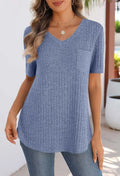 2025 Spring/Summer V-neck brushed texture ribbed solid color short-sleeved T-shirt for women