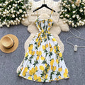SINGREINY Lemon Print Beach Midi Dress Summer Women Spaghetti Strap A line Backless Split Korean Bohemian Floral Sundress
