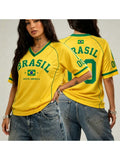 Casual V-neck Women's T-shirts Brazil National Emblem Print Short Sleeve Tees Brasil Fan Football Sports Jersey Female Clothing
