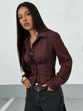 Spring and autumn new retro striped lapel button design slim fit blouse for women