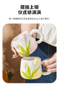 Tulip Ceramic Mug with Lid & Spoon 400ml Coffee Tea Cup, Valentine's Day/Teachers Day Gifts for Couples, Women, Home Office Use