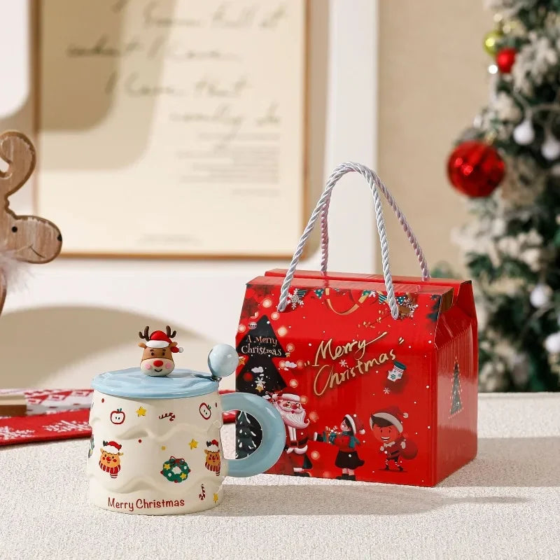 Cartoon Christmas high appearance level Mark ceramic water cup lid spoon cute gift box birthday creative souvenir