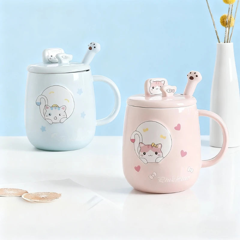 Cat-themed ceramic mug with lid and spoon cartoon style perfect for office or home use coffee cup mugs mug glass mug cup  mugs