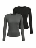 Women's solid-color long-sleeved T-shirt - Polyester knitted fabric, round neck, regular fit, fall-winter style