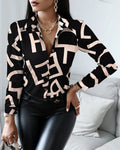 Women Fashion Wild Shirts Chain/Floral/Letter/Geometric Square Print Turn-Down Collar Long Sleeve Blouses