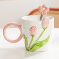 500ml 3D Tulip Pattern Ceramics Mug with Spoon Hand Carved Comfortable handle Coffee Cup Breakfast Milk oatmeal cup Girl Gift