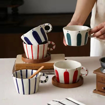 1Pc 10.5oz Nordic Geometric Striped Ceramic Mug, Exquisite Hand-Painted Round Mouth Handle Cup, Simple Striped Coffee Cup, Suitable for Home Decoration, Drinking Cups, Latte Art Cups for Coffee Shops, Afternoon Tea, Outdoor P