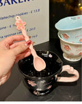 Sakura Relief Ceramic Mug with Spoon Pink Cute High Foot Design for Women Home Use Coffee Cup Souvenir Gift