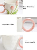 500ml 3D Tulip Pattern Ceramics Mug with Spoon Hand Carved Comfortable handle Coffee Cup Breakfast Milk oatmeal cup Girl Gift