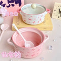 Pink Bow Double Ear Handle Bowl Ceramic Instant Noodles Bowl with Lid Cute Girl Heart Soup Bowl, High Beauty Household Rice Bowl