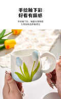 Tulip Ceramic Mug with Lid & Spoon 400ml Coffee Tea Cup, Valentine's Day/Teachers Day Gifts for Couples, Women, Home Office Use