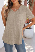 2025 Spring/Summer V-neck brushed texture ribbed solid color short-sleeved T-shirt for women