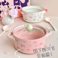 Pink Bow Double Ear Handle Bowl Ceramic Instant Noodles Bowl with Lid Cute Girl Heart Soup Bowl, High Beauty Household Rice Bowl