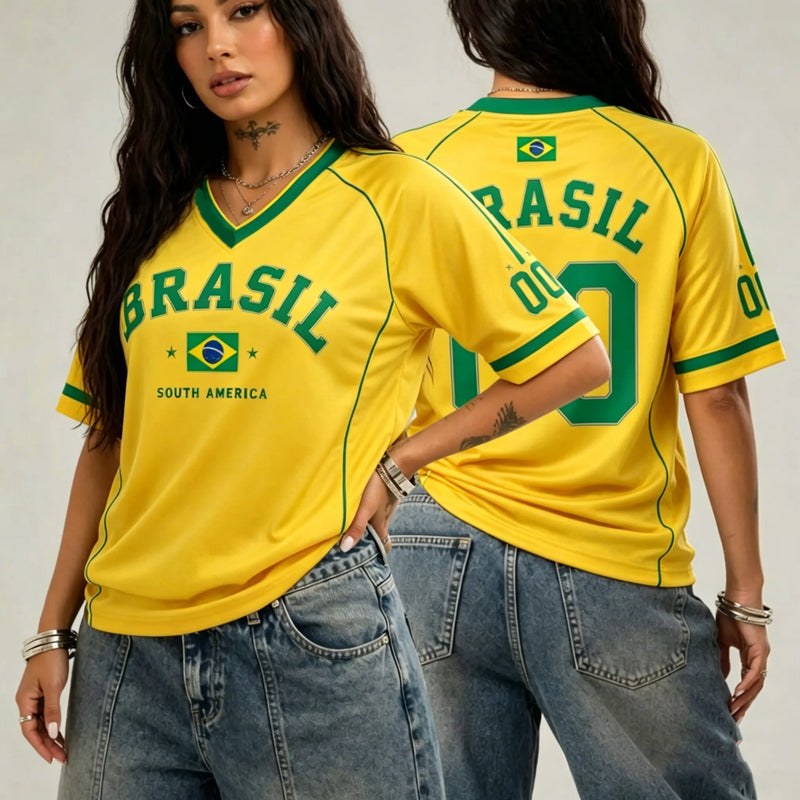 Casual V-neck Women's T-shirts Brazil National Emblem Print Short Sleeve Tees Brasil Fan Football Sports Jersey Female Clothing