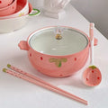 Strawberry ceramic instant noodle soup bowl cover soup bowl noodle bowl cute girl tableware set