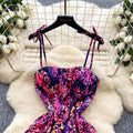 SINGREINY Lemon Print Beach Midi Dress Summer Women Spaghetti Strap A line Backless Split Korean Bohemian Floral Sundress