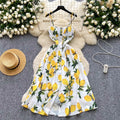 SINGREINY Lemon Print Beach Midi Dress Summer Women Spaghetti Strap A line Backless Split Korean Bohemian Floral Sundress