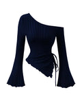 women's New off shoulder cross long sleeved slim fit casual street style asymmetrical elegant T-shirt trumpet sleeve top