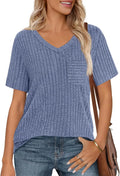 2025 Spring/Summer V-neck brushed texture ribbed solid color short-sleeved T-shirt for women