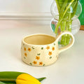 Cream yellow Ceramic Mug Korean Style Cute Flower Pattern Coffee Cup Hand Pinched Irregular Mug Breakfast Milk Tea Cups Watercup
