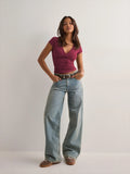 2025 Summer New Fashion Women's T-Shirt Solid-Color Slim-Fit V-Neck Short-Sleeve Top Y2k Clothing
