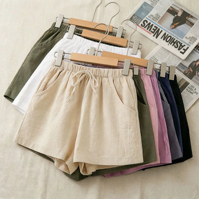 2026 New Women Cotton Linen Shorts Summer Casual Solid with Pockets Wide Leg Shorts Fashion All-match Loose Sport Short Pants
