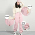 Women's Fleece Lined Joggers Winter Plush Pants High Waist Adjustable Drawstring Lounge Street Comfortable Casual Trousers