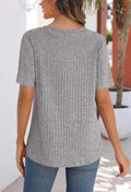 2025 Spring/Summer V-neck brushed texture ribbed solid color short-sleeved T-shirt for women
