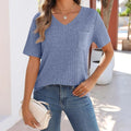 2025 Spring/Summer V-neck brushed texture ribbed solid color short-sleeved T-shirt for women