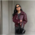 Zekye Spring Summer Women Jackets Fashion Lapel Zipper Long Sleeve Female Coats Lady Street Outwear Burgundy Leather Jacket