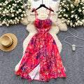 SINGREINY Lemon Print Beach Midi Dress Summer Women Spaghetti Strap A line Backless Split Korean Bohemian Floral Sundress