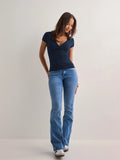 2025 Summer New Fashion Women's T-Shirt Solid-Color Slim-Fit V-Neck Short-Sleeve Top Y2k Clothing