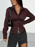 Spring and autumn new retro striped lapel button design slim fit blouse for women