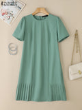2025 ZANZEA Office Pleated Dresses Summer Women Short Sleeve Work OL Sundress Casual Solid Party Vestidos Knee-length Robe Femme
